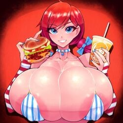 1girls 2d areola_slip big_breasts blue_eyes blue_nails breasts breasts_bigger_than_head burger cleavage erect_nipples fast_food female female_focus female_only food holding_burger holding_drink holding_food holding_object huge_breasts large_areolae large_breasts light-skinned_female light_skin looking_at_viewer micro_bikini overflowing_breasts painted_nails pale-skinned_female pale_skin red_hair smile solo solo_focus tight_clothing tokyokyoto twintails wendy's wendy_thomas