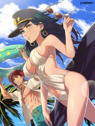 1boy 1girls beach black_hair breasts female female_focus female_jotaro hat human jojo's_bizarre_adventure jotaro_kujo kotatsu_(g-rough) light-skinned_female light_skin long_hair male noriaki_kakyoin rule_63 shounen_jump stardust_crusaders sweat