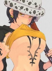 big_breasts black_hair black_nails canon_genderswap chest_tattoo earrings female female_only genderswap_(mtf) goa_89 grin hat headwear hoodie katana looking_at_viewer nail_polish no_bra one_piece pre-timeskip rule_63 shaded_face shiku_shiku_no_mi shirt_in_mouth shirt_lift shirt_up short_hair shounen_jump smile solo sword tattoo tattoos tomboy trafalgar_law trafalgar_law_(female) underboob upper_body weapon yellow_eyes