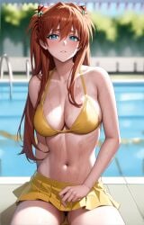 1girls ai_generated asuka_langley_sohryu big_breasts bikini blue_eyes brown_hair busty cleavage female female_only hi_res large_breasts legs long_hair looking_at_viewer navel neon_genesis_evangelion pool sitting solo souryuu_asuka_langley thighs twintails voluptuous water yellow_bikini