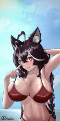 1girl ahoge animal_ear_fluff animal_ears antenna_hair arm_up armpits artist_name bangs beach bikini black_hair blush breasts brown_hair cleavage female fox_ears hair_between_eyes highleg_bikini huge_breasts large_breasts long_hair looking_at_viewer momotexx_(vtuber) multicolored_hair navel oc_snacker ocean parted_lips red_bikini red_eyes side-tie_bikini signature smile solo swimsuit very_long_hair virtual_youtuber vtuber vyugen wolf_ears wolf_girl wolf_tail