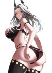 1girls armlet ass ass_grab back bikini black_legwear blue_eyes blush bracelet breasts carmilla_(fate) embarrassed fake_horns fate/grand_order fate_(series) female frown horns large_breasts long_hair looking_at_viewer looking_back sideboob solo swimsuit thighhighs white_background white_hair yuzu_kiro