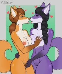 anthro bodily_fluids breast_grab breast_squish breasts canid canine canis countershading duo eye_contact female female/female finger_fuck fingering floating_hearts genital_fluids green_eyes hand_on_breast heart hi_res kissing leah_(sheep_and_wolves) looking_at_another mammal navel nipples orange_body purple_body purple_eyes pussy_juice saliva saliva_string sarabi_(sheep_and_wolves) sheep_and_wolves simple_background squish tongue tongue_out vaginal_penetration volfislav wizart_animation wolf