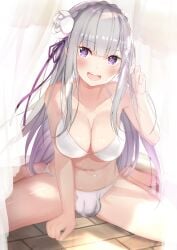 1futa balls bangs big_breasts bra breasts bulge clothed clothing edit elf emilia_(re:zero) flaccid futa_only futanari grey_hair humanoid large_breasts light-skinned_futanari light_skin long_hair mostly_nude panties penis purple_eyes re:zero_kara_hajimeru_isekai_seikatsu silver_hair solo tomaco