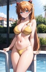 1girls ai_generated asuka_langley_sohryu big_breasts bikini blue_eyes brown_hair busty cleavage female female_only hi_res large_breasts legs long_hair looking_at_viewer navel neon_genesis_evangelion pool solo souryuu_asuka_langley thighs twintails voluptuous water yellow_bikini