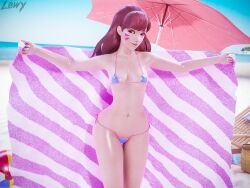 1girls 3d beach bikini blender brown_eyes brown_hair d.va female female_only lewy long_hair overwatch solo swimsuit