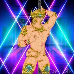 1boy abs anime_style ariesknight balls bara biceps big_ass big_breasts big_cock big_penis bodybuilder boner bottomless bulging_biceps caucasian caucasian_male digital_drawing_(artwork) gay hard_on holidays leo_aiolia lgbt_pride male male_only muscle penis photoshop saint_seiya solo stripper_pole summer testicles thick_thighs veiny_penis yaoi