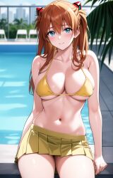 1girls ai_generated asuka_langley_sohryu big_breasts bikini blue_eyes brown_hair busty cleavage female female_only hi_res large_breasts legs long_hair looking_at_viewer navel neon_genesis_evangelion pool sitting solo souryuu_asuka_langley thighs twintails voluptuous water yellow_bikini