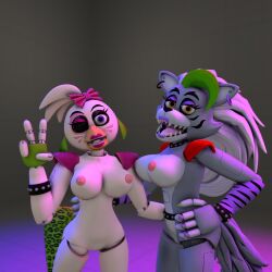 3d 3d_(artwork) animatronic anthro breasts chicken female five_nights_at_freddy's five_nights_at_freddy's:_security_breach furry glamrock_chica_(fnaf) long_hair robot robot_girl roxanne_wolf_(fnaf) sharkzero wolf