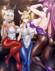 3girls artoria_pendragon artoria_pendragon_(lancer) artoria_pendragon_(swimsuit_ruler) ass blonde_hair blue_eyes breasts bunny_ears bunny_girl bunnysuit caenis_(fate) fate/grand_order fate_(series) female green_eyes heels highleg_leotard indoors large_ass large_breasts leotard light-skinned_female light_skin long_hair long_legs purple_hair red_eyes scathach_(fate) tan tan-skinned_female tanned_skin teaindian thick_thighs tights white_hair