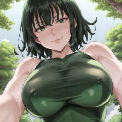 1girls ai_generated athletic athletic_female big_breasts breasts dress dripping female female_only from_below fubuki_(one-punch_man) green_clothing green_eyes green_hair inverted_nipples looking_at_viewer low-angle_view muscles muscular muscular_female nipples one-punch_man outside see-through see-through_clothing short_hair sky sleeveless smirk smirking smirking_at_viewer steam sweat sweatdrop sweating sweaty sweaty_body translucent translucent_clothing transparent_clothing tree trees