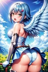 ai_generated angel angel_wings ass bare_shoulders blue_hair blush breasts dress female from_behind green_eyes hairclip looking_at_viewer medium_breasts nanael panties queen's_blade shiny shiny_hair shiny_skin short_hair single_wing solo thick_thighs thighlet wings