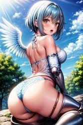 ai_generated angel angel_wings ass bare_shoulders blue_hair blush breasts corset female from_behind green_eyes hairclip huge_ass looking_at_viewer medium_breasts nanael panties queen's_blade shiny shiny_hair shiny_skin short_hair single_wing solo thick_thighs thighlet wariza wings