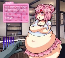 1girls ambiguous_gender belly_button big_breasts blush bra breasts chubby chubby_female cleavage crossed_arms dialogue disembodied_hand doki_doki_literature_club fat frilled_skirt frilly_skirt frustrated hair_intakes hairclip huge_ass huge_belly huge_thighs kitchen kitchen_counter natsuki_(doki_doki_literature_club) navel overweight overweight_female pink_eyes pink_hair pink_skirt red_bow skirt sweat table text text_box thick_thighs wide_hips