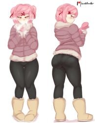 1girls back_view big_ass big_thighs boots cold doki_doki_literature_club front_view fur gloves hair jacket leggings lewddoodler natsuki_(doki_doki_literature_club) pantylines pink_eyes pink_hair solo solo_female solo_focus ugg_boots watermark wide_hips