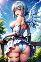 ai_generated angel angel_wings ass bare_shoulders blue_hair blush breasts dress female from_behind green_eyes hairclip looking_at_viewer medium_breasts nanael panties queen's_blade shiny shiny_hair shiny_skin short_hair single_wing solo thick_thighs thighlet wings