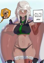 1boy 1girls bare_shoulders blush breasts brown_eyes brown_skin dark-skinned_female dark_skin english_text female female_focus female_only guilty_gear guilty_gear_strive imminent_sex long_hair looking_at_viewer panties ramlethal_valentine sin_kiske text vashelor white_hair