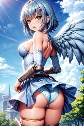 ai_generated angel angel_wings ass bare_shoulders blue_hair blush breasts dress female from_behind green_eyes hairclip looking_at_viewer medium_breasts nanael panties queen's_blade shiny shiny_hair shiny_skin short_hair single_wing solo thick_thighs thighlet wings