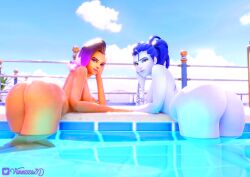 2girls amelie_lacroix ass ass_focus multiple_girls nude overwatch overwatch_2 pool sombra sunny vanezza widowmaker