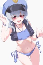 bikini bikini_bottom blue_archive blue_hair cute halo highres moruhinesan police_hat red_eyes valkyrie_coast_guard_(blue_archive) valkyrie_police_school_logo_(blue_archive) valkyrie_police_school_student valkyrie_police_school_student_(blue_archive) young