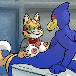 anthro avian bandana beak big_breasts blush breast_play breasts canid canine claws clothing colored_nails duo elerq falco_lombardi female fox fox_mccloud jacket kerchief male male/female mammal mtf_crossgender nails nintendo nipples nude paizuri rule_63 sex smile star_fox titjob topwear