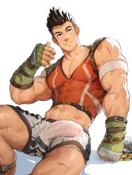 1boy 1male abs bara biceps big_penis booty_shorts bulge bulge_through_clothing coin coins crop_top dark_hair erection_under_clothes hi_res highres lipstick_mark loegaku male male_focus male_only money money_bag muscular muscular_arms muscular_male navel no_male_underwear oc original_character penis_outline scars see-through see-through_clothing sitting_on_floor skin_tight solo solo_male thick_penis tight_clothes tight_clothing undersized_clothes