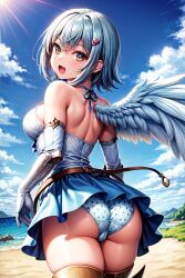 ai_generated angel angel_wings ass bare_shoulders blue_hair blush breasts dress female from_behind green_eyes hairclip looking_at_viewer medium_breasts nanael panties queen's_blade shiny shiny_hair shiny_skin short_hair single_wing solo thick_thighs thighlet wings