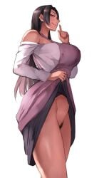 1girls 2018 absurd_res apron bare_shoulders black_hair blue_eyes breasts clothed clothing female female_only finger_to_mouth flashing highres large_breasts licking licking_lips lifted_by_self long_hair looking_at_viewer lustful_aunt_(pepe_(jonasan)) mature_female no_panties off-shoulder_shirt off_shoulder original pepe_(jonasan) pubic_hair seductive shirt shirt_lift shushing simple_background skirt skirt_lift solo standing thick_thighs thighs tight_clothing very_long_hair white_background