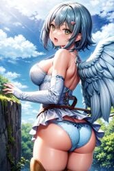 ai_generated angel angel_wings ass bare_shoulders blue_hair blush breasts dress female from_behind green_eyes hairclip looking_at_viewer medium_breasts nanael panties queen's_blade shiny shiny_hair shiny_skin short_hair single_wing solo thick_thighs thighlet wings