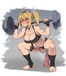 ahoge barbell black_gloves black_panties black_sports_bra blonde_hair blush breasts cleavage clothing_aside collarbone difman dildo exercise feet female female_masturbation fingerless_gloves full_body gloves hair_between_eyes highres large_breasts long_hair masturbation navel nipples original panties panties_aside red_eyes sex_toy side_ponytail sidelocks solo sports_bra squatting stirrup_legwear sweat thigh_strap toeless_legwear underwear vibrator vibrator_in_thigh_strap weightlifting