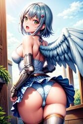 ai_generated angel angel_wings ass bare_shoulders blue_hair blush breasts dress female from_behind green_eyes hairclip looking_at_viewer medium_breasts nanael panties queen's_blade shiny shiny_hair shiny_skin short_hair single_wing solo thick_thighs thighlet wings