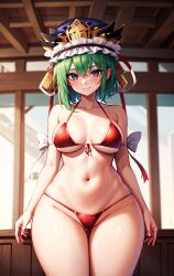 1girls ai_generated bikini breasts eiki_shiki female green_hair large_breasts light-skinned_female light_skin red_bikini short_hair solo_female standing touhou