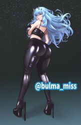 amber_maiz aqua_eyes aqua_hair belt big_ass big_breasts blue_eyes bubble_butt commission crown hawk-see high_heel_boots high_heels latex_clothing latex_legwear latex_topwear leggings long_hair looking_at_viewer looking_back massive_ass nipple_bulge oc pale-skinned_female pale_skin round_ass shiny_clothes sideboob skin_tight solo_female submissive submissive_female suggestive_look thick_thighs voluptuous