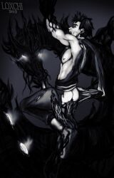 2boys anal anal_sex anocris anthro ass big_penis black_and_white black_hair blush bodily_fluids boots bottomwear clothed clothing cum cum_drip digital_media_(artwork) diphallia diphallism dragon dripping duo ear_piercing erection footwear genital_fluids genitals glowing glowing_eyes hair hi_res horn human humanoid interspecies legwear licking looking_back loxchi male male/male male_focus male_only male_penetrated male_penetrating male_penetrating_male mammal monochrome multi_eye multi_genitalia multi_penis muscular muscular_male nipples open_mouth pants penetration penis piercing predator/prey restrained scared scarf sex shadow shirt simple_background sweat teasing teeth tentacle tentacle_penetration tentacle_sex tongue tongue_out topwear torn_bottomwear torn_clothing torn_legwear torn_pants