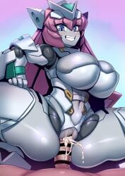 1boy 1girls absurdres android blue_eyes bondage_outfit boots breasts censored colored_skin cowgirl_position cum cum_in_pussy dominatrix female grey_skin headgear highres huge_breasts human joints long_hair male_human/female_robot mecha_musume metal_skin navel penis pink_hair pussy revealing_clothes robot robot_girl robot_joints robot_neoanthropinae_polynian roza_(polynian) sex shiny_skin skindentation solo_focus spread_legs teeth thigh_boots tsuki_wani tsukiwani tukiwani