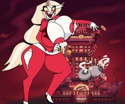 charlie_morningstar_(hazbin_hotel) confade curvaceous curvy female giant_breasts giantess hazbin_hotel hyper_breasts lactation open_mouth vaggie_(hazbin_hotel) vivienne_medrano vivziepop