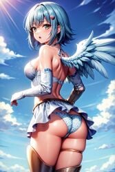 ai_generated angel angel_wings ass bare_shoulders blue_hair blush breasts dress female from_behind green_eyes hairclip looking_at_viewer medium_breasts nanael panties queen's_blade shiny shiny_hair shiny_skin short_hair single_wing solo thick_thighs thighlet wings