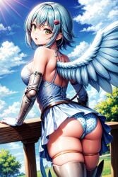 ai_generated angel angel_wings ass bare_shoulders blue_hair blush breasts dress female from_behind green_eyes hairclip looking_at_viewer medium_breasts nanael panties queen's_blade shiny shiny_hair shiny_skin short_hair single_wing solo thick_thighs thighlet wings