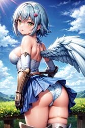 ai_generated angel angel_wings ass bare_shoulders blue_hair blush breasts dress female from_behind green_eyes hairclip looking_at_viewer medium_breasts nanael panties queen's_blade shiny shiny_hair shiny_skin short_hair single_wing solo thick_thighs thighlet wings