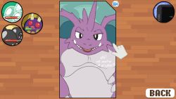 anal_beads argon_vile clothing dialogue generation_1_pokemon gloves handwear looking_at_viewer male male_only monster_mind nidoking nintendo pokemon pokemon_(species) sex_toy simple_background solo solo_focus teeth text vibrator