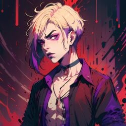 1boy abs ai_generated blonde_hair choker collar collarbone jacket jewelry looking_at_viewer male_focus multicolored_hair necklace open_clothes original_character paint_splatter pectorals piercing pink_eyes purple_hair purple_lips scowl shirt short_hair solo solo_male stable_diffusion streaked_hair two-tone_hair unbuttoned unbuttoned_shirt upper_body