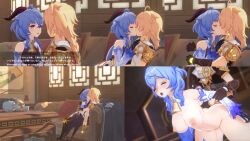 1boy 1girls 3d aether_(genshin_impact) big_breasts blonde_hair blue_hair dialogue fat_ass from_behind ganyu_(genshin_impact) holding horns image_sequence kissing long_hair mihoyo naked sex straight thick_thighs visible_nipples