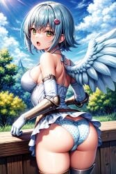 ai_generated angel angel_wings ass bare_shoulders blue_hair blush breasts dress female from_behind green_eyes hairclip looking_at_viewer medium_breasts nanael panties queen's_blade shiny shiny_hair shiny_skin short_hair single_wing solo thick_thighs thighlet wings