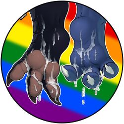 3_toes anthro avian bodily_fluids claws corrsk cum cum_on_feet digital_media_(artwork) dragon duo feet foot_focus genital_fluids hi_res lgbt_pride male male_foot_fetish male_only paws plantigrade pride_colors rainbow_pride_colors simple_background soles toe_claws toes