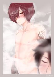 2boys absurdres arm_tattoo black_hair blush fate/grand_order fate_(series) fujimaru_ritsuka_(male) fuuma_kotarou_(fate) highres looking_at_another male male_only multiple_boys nipples nude red_eyes red_hair short_hair steam tattoo towel trap yaoi