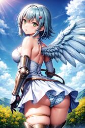 ai_generated angel angel_wings ass bare_shoulders blue_hair blush breasts dress female from_behind green_eyes hairclip looking_at_viewer medium_breasts nanael panties queen's_blade shiny shiny_hair shiny_skin short_hair single_wing solo thick_thighs thighlet wings