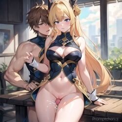 ai_generated blonde_hair blush cum_on_lower_body cum_on_thighs embarassed thigh_sex