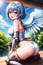 ai_generated angel angel_wings ass bare_shoulders blue_hair blush breasts corset female from_behind green_eyes hairclip looking_at_viewer medium_breasts nanael panties queen's_blade shiny shiny_hair shiny_skin short_hair single_wing solo thick_thighs thighlet wings