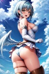 ai_generated angel angel_wings ass bare_shoulders blue_hair blush breasts dress female from_behind green_eyes hairclip looking_at_viewer medium_breasts nanael panties queen's_blade shiny shiny_hair shiny_skin short_hair single_wing solo thick_thighs thighlet wings