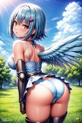 ai_generated angel angel_wings ass bare_shoulders big_ass big_butt blue_hair blush breasts bubble_butt dress female from_behind green_eyes hairclip huge_ass looking_at_viewer medium_breasts nanael panties queen's_blade shiny shiny_hair shiny_skin short_hair single_wing solo thick_thighs thighlet wings